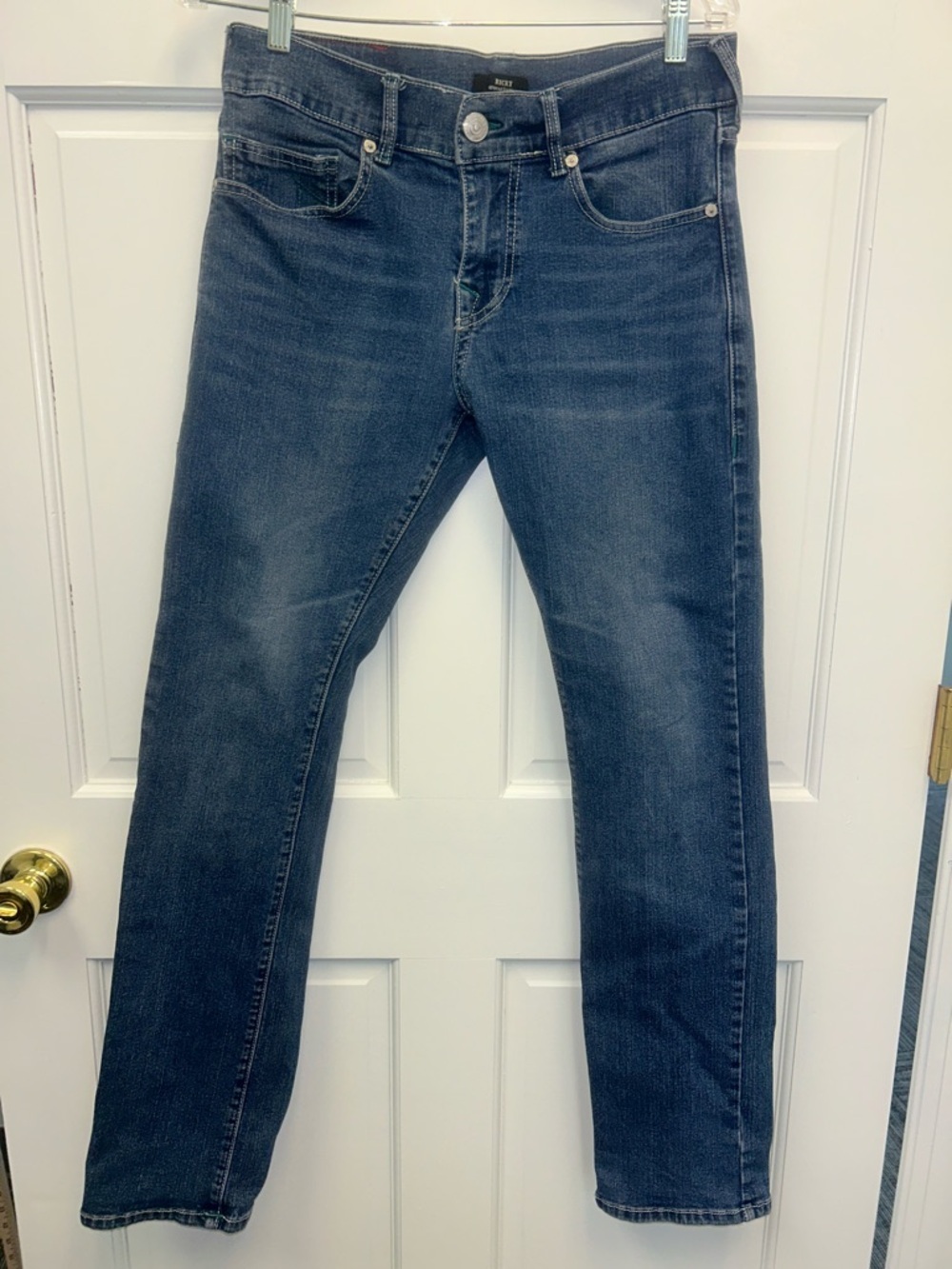 True Religion Ricky Relaxed Straight Leg Blue Jeans Green Stitching Horseshoe